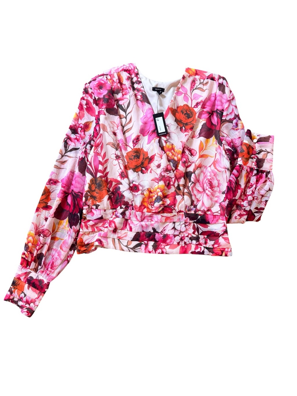 Express Floral Wrap Blouse in Pink and Red